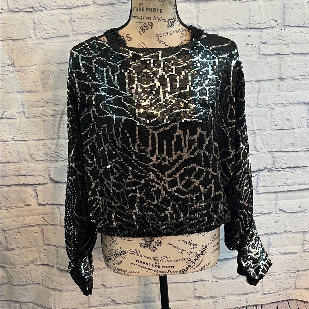 Vintage 100% Silk Sequined Top Made in India Long Sleeves Cold Shoulder Medium